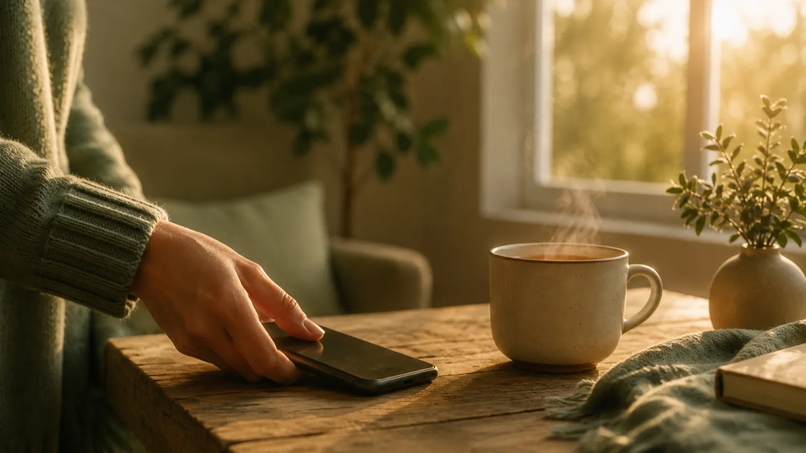 A hand setting a glowing phone face-down on a wooden table in soft evening light