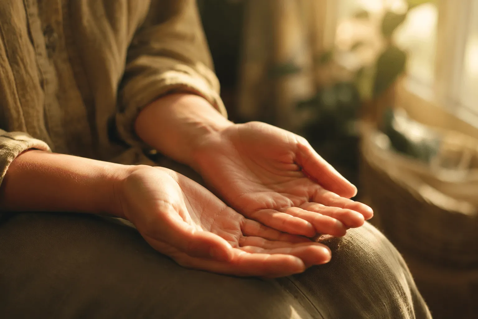 Two open hands held palms-up, bathed in warm golden-green afternoon light