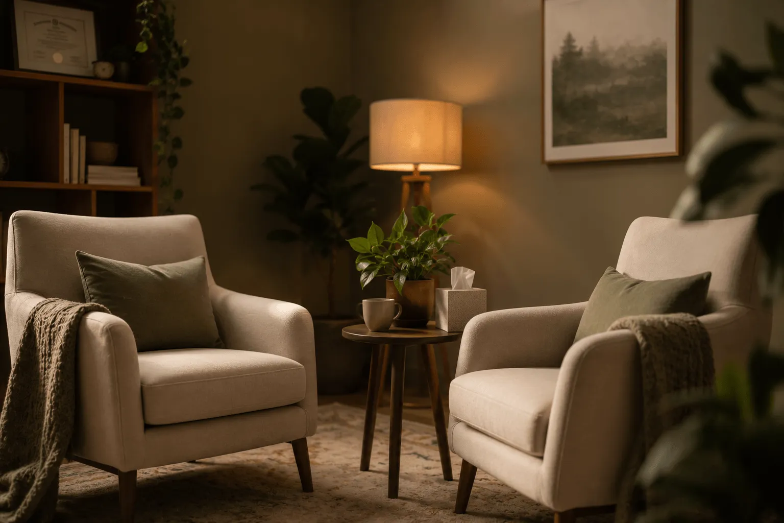 Two comfortable chairs facing each other in a warmly lit therapy office
