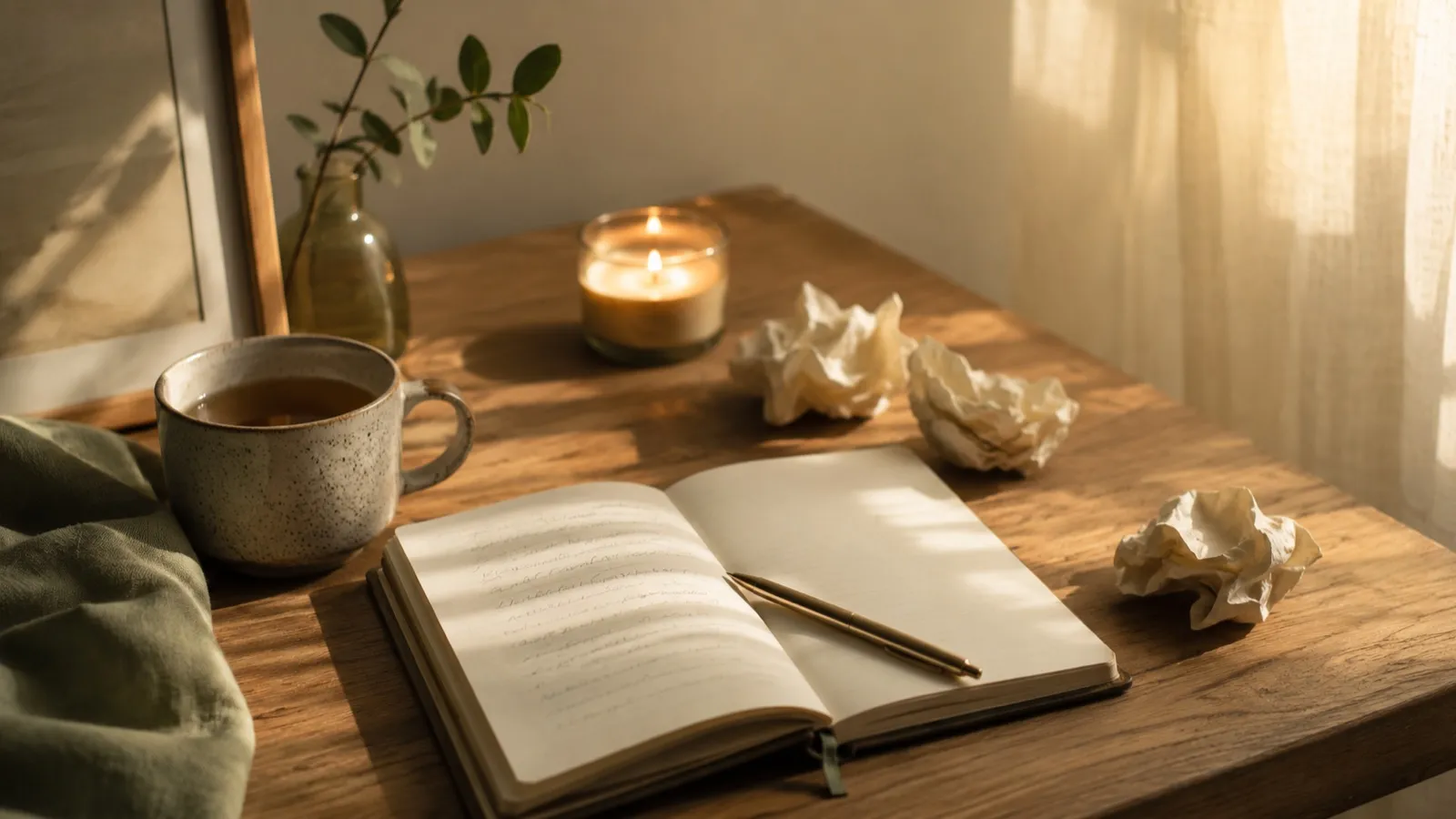 An open journal with a pen on a warm wooden desk beside crumpled pages, tea, and a softly glowing candle