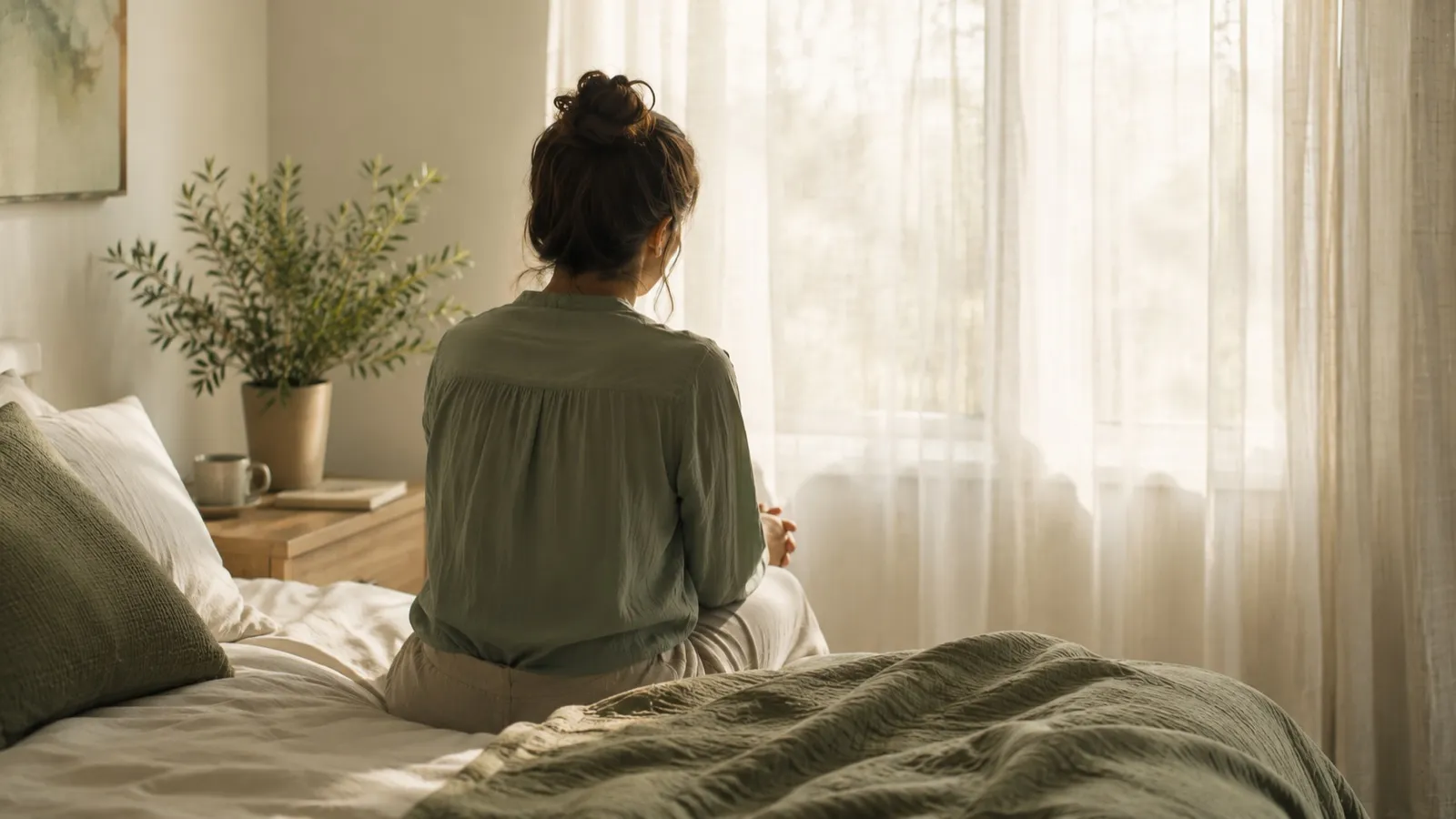 A woman sitting on the edge of a bed in soft early-morning light, in quiet thought