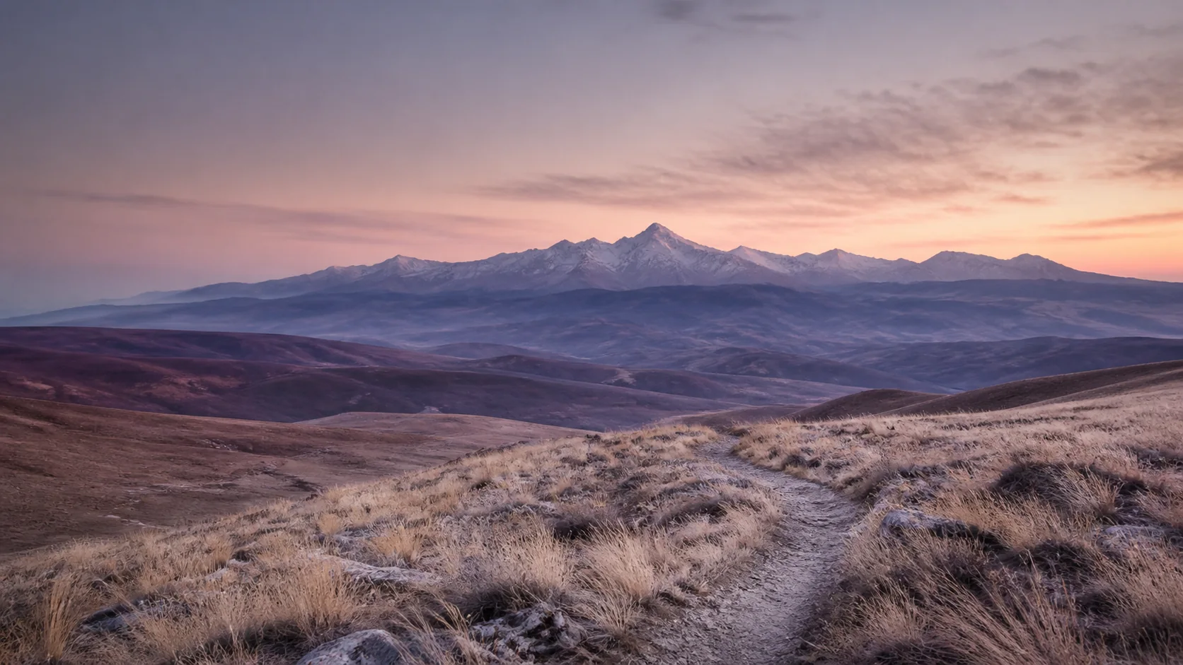 A footpath winding through pale winter grass toward distant snow-capped mountains at dawn, under a soft plum and rose sky