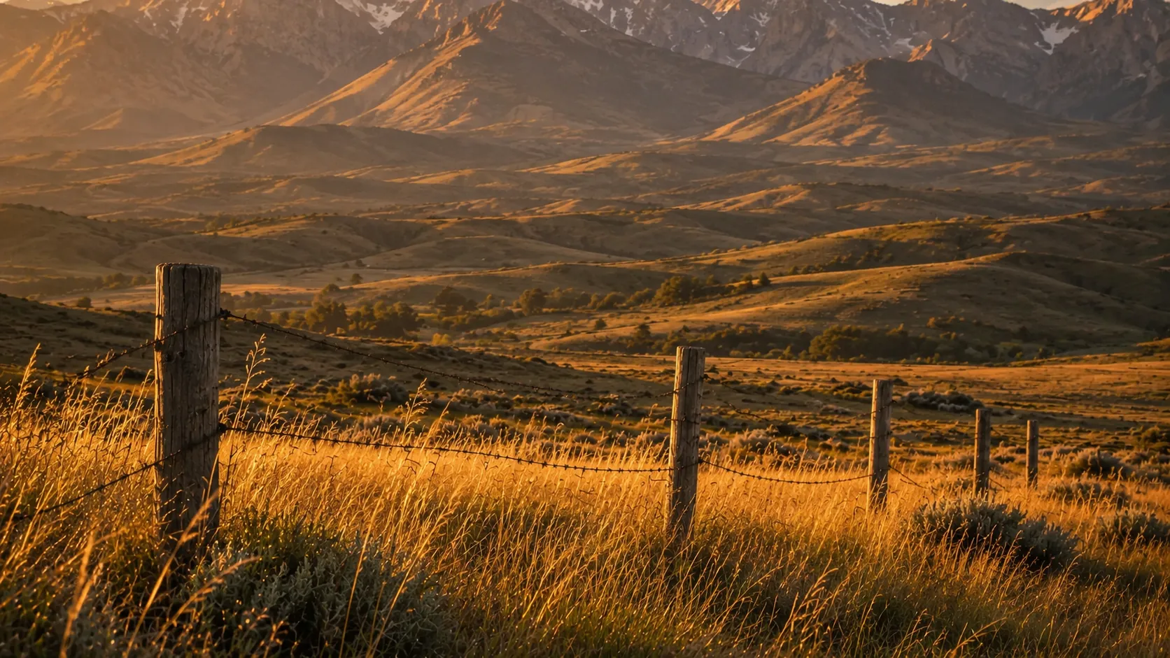 Weathered fence posts and barbed wire crossing golden prairie grass at sunset, with snow-capped Montana mountains in the distance